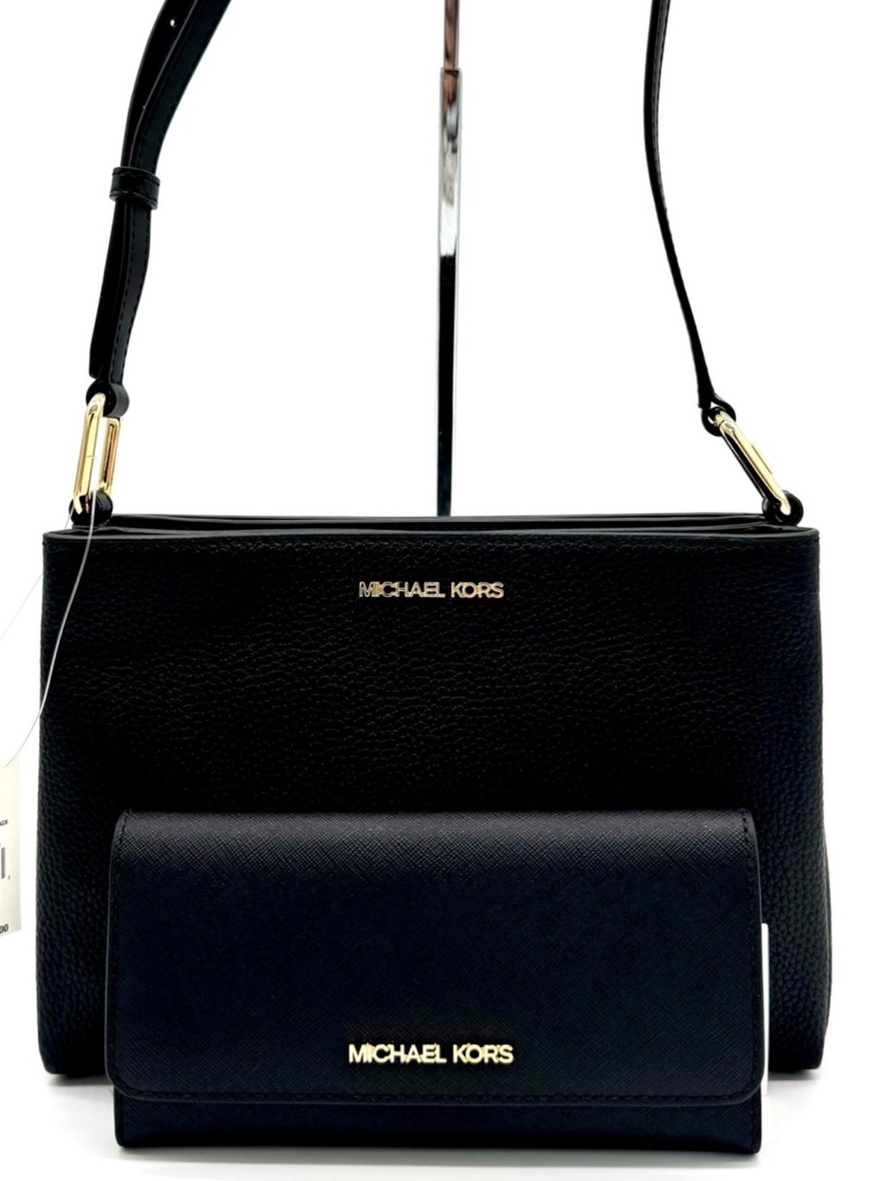 Michael Kors Trisha Medium Crossbody Bag w Matching Trifold Wallet Black/Gold
